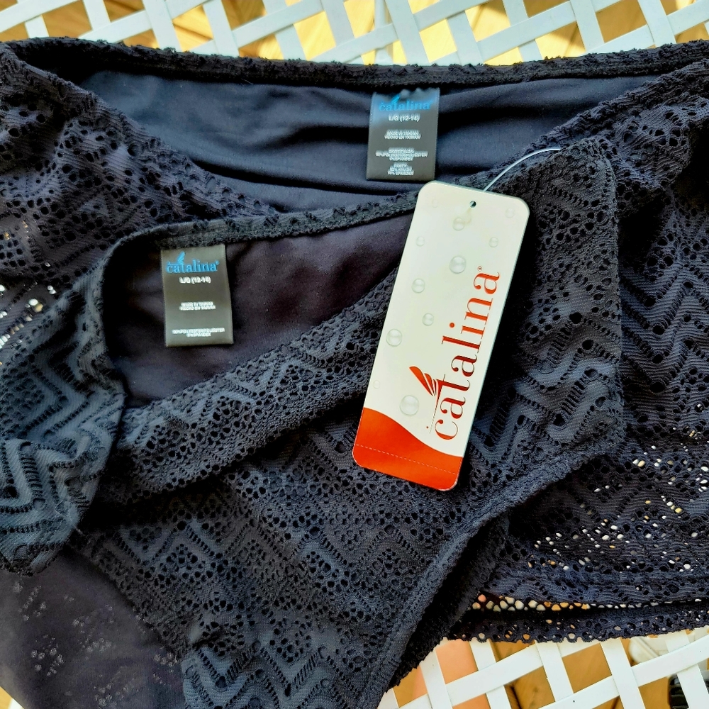 CATALINA ♡ NWT Gorgeous Black Eyelet Lace Bikini Swim Bottoms L 12-14 - Picture 7 of 13